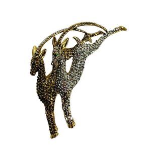 Gold Silver Rhinestone Prancing‎ Deer Brooch Pin Gold Tone Vintage